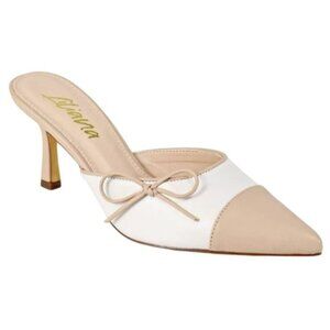 LILIANA / Mindi-1 / Pointed / Toe Beige & White / Heeled / Mules With Bow Accent